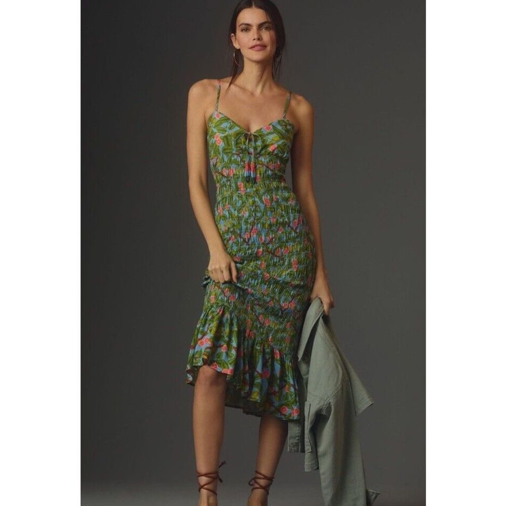 Anthropologie Green Floral Midi Dress